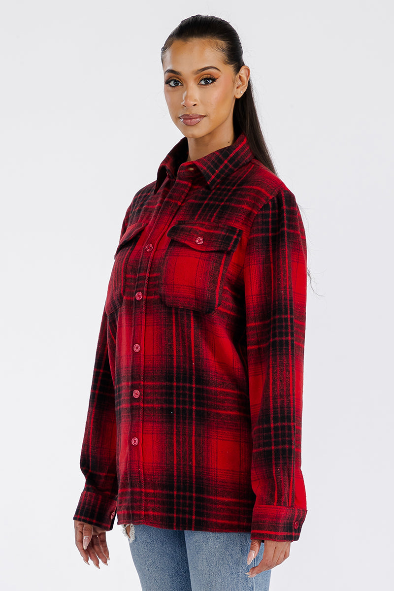 Lime Milo Boyfriend Oversized Soft Flannel Shacket in beige with button front and chest pockets, casual jacket for layered style.