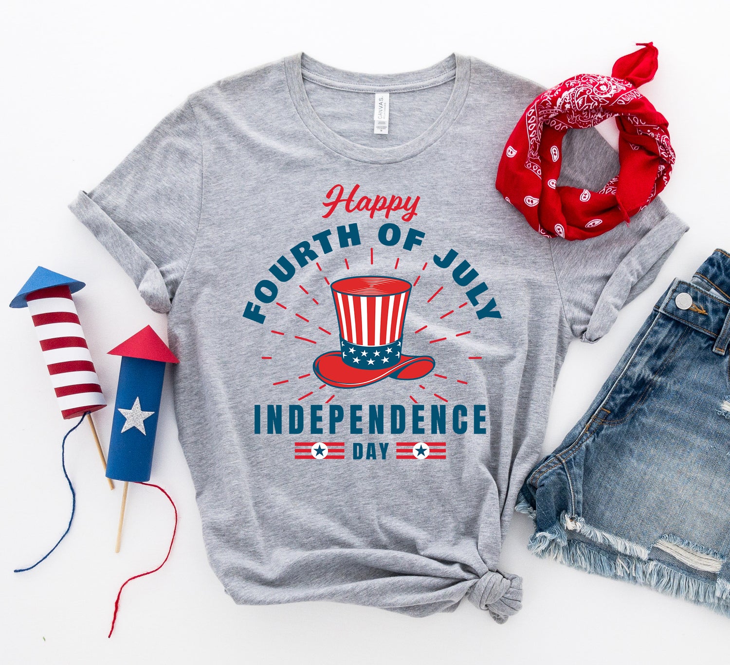 Red, white, and blue Happy Fourth of July T-shirt by Agate featuring patriotic graphics on soft cotton fabric.