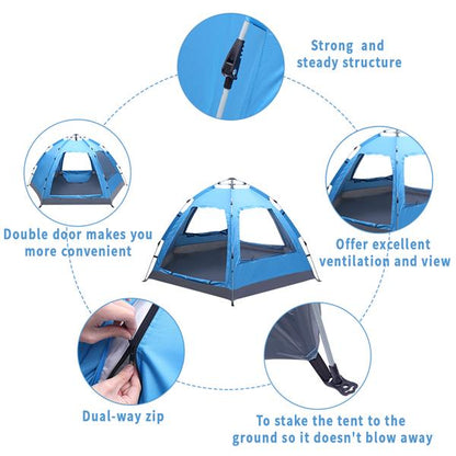 Teal Simba automatic family tent, waterproof pop-up design suitable for camping and hiking, set up in outdoor nature setting.