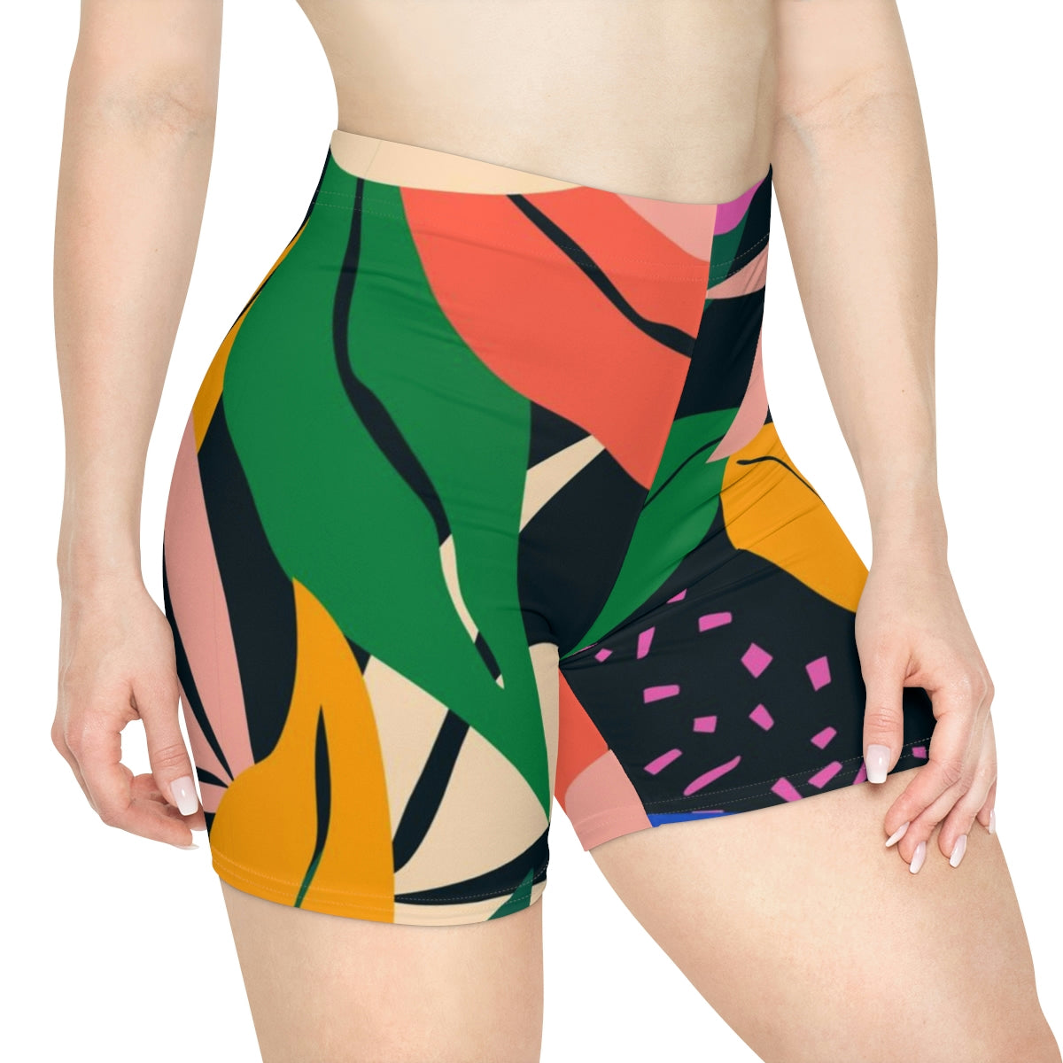 Women’s Puce Arrowwood biker shorts, close-up of black stretchy shorts with high waist and seamless design.