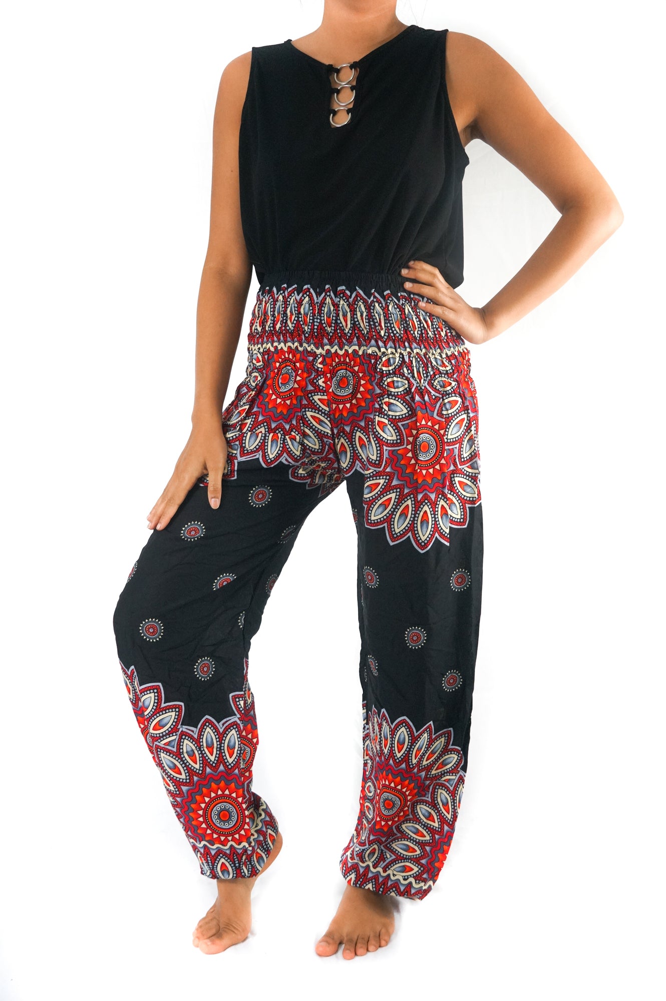 Black floral harem pants for women by Tan Smokey featuring boho and hippie style with relaxed, flowing fabric.