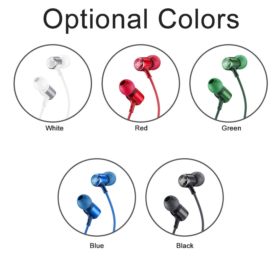 Teal Simba JBL LIVE100 wired earphones with 3.5mm jack, stereo sound, inline line control, in-ear design, black and teal color.