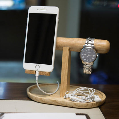 Fuchsia Molly wood organizer for phone, watch, and jewelry with compartments for storing accessories and keeping space tidy.