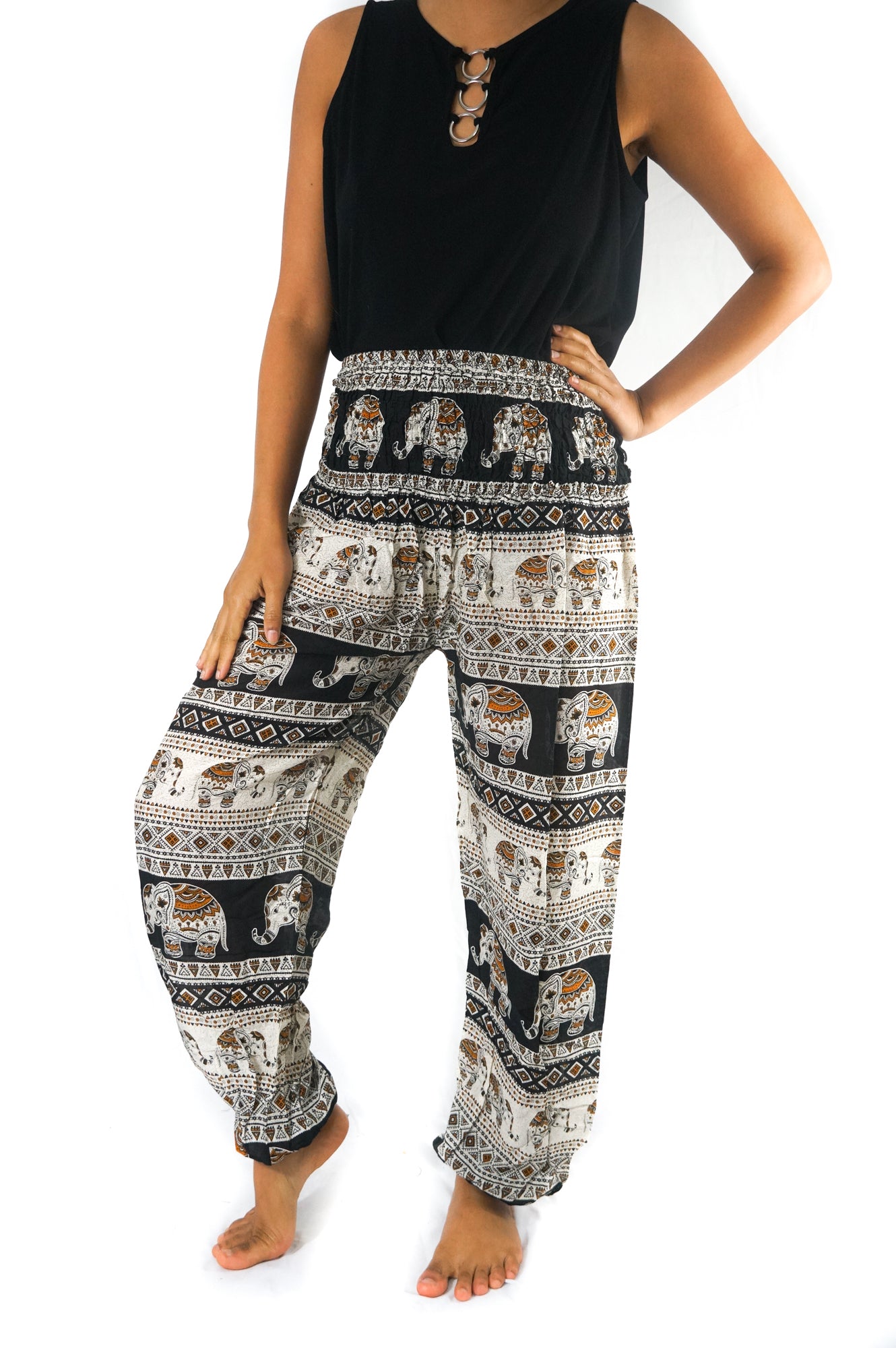 Black Elephant boho pants for women, Tan Smokey yoga and hippie style pants with relaxed fit and comfortable fabric.
