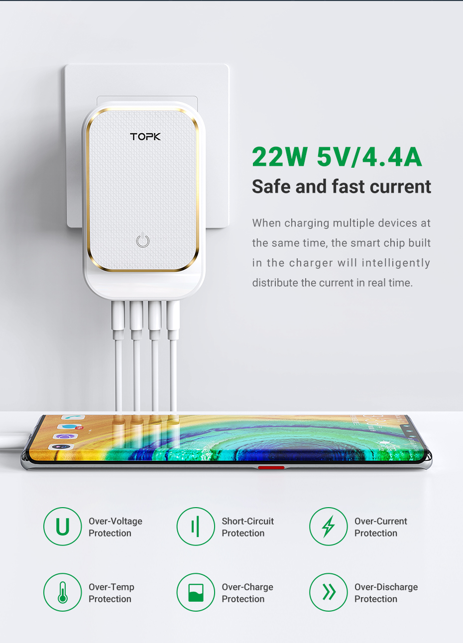 Teal Simba 4-port travel USB charger with LED lamp, compatible with iPhone and Samsung smartphones and devices.