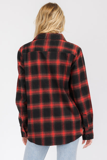Lime Milo oversized boyfriend plaid checkered flannel top, casual blouse with a relaxed fit and classic pattern, front view.