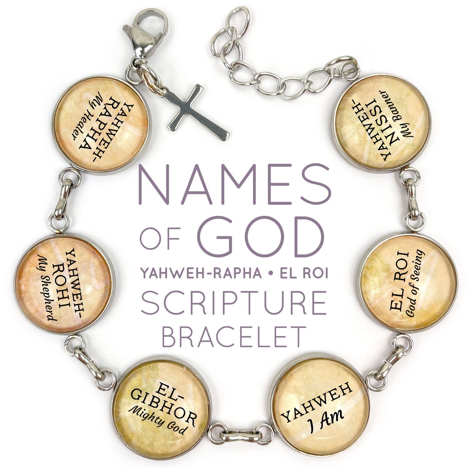 Stainless steel Names of God Scripture Bracelet featuring Yahweh YHWH from Orchid Briseis, with engraved biblical inscriptions.