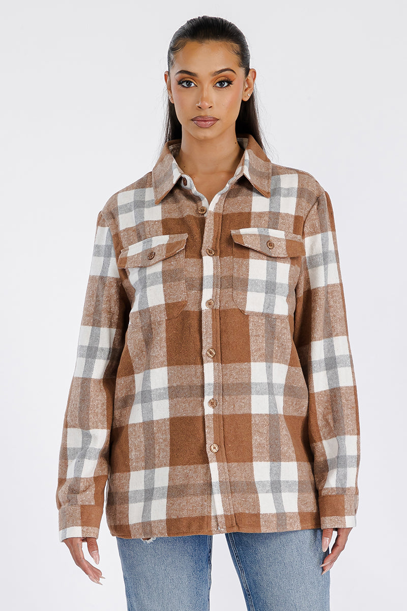 Lime Milo Boyfriend oversized soft flannel shacket in a cozy, plaid design, worn open with buttons and a collar.