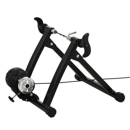 Indoor magnetic bike trainer stand by Taupe Shadow with 5-level resistance, showing the stand and resistance control dial.