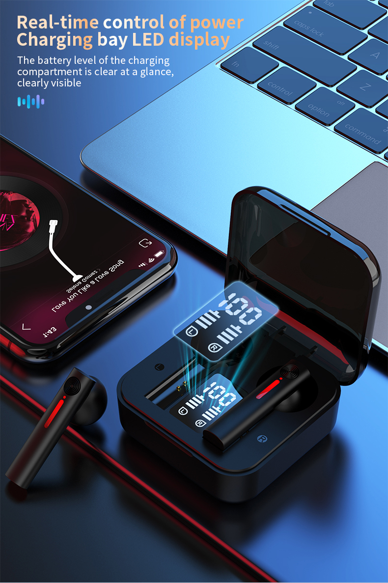 Teal Simba Bluetooth wireless TWS earphones with LED indicators and microphone for hands-free calls and music.