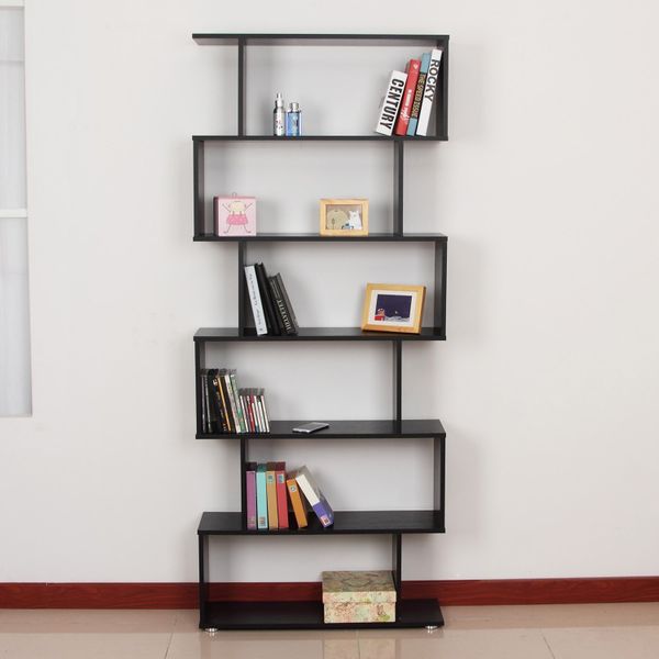 Taupe Shadow wooden S-shape bookcase with six shelves for home and office storage and display, featuring a modern wooden design.