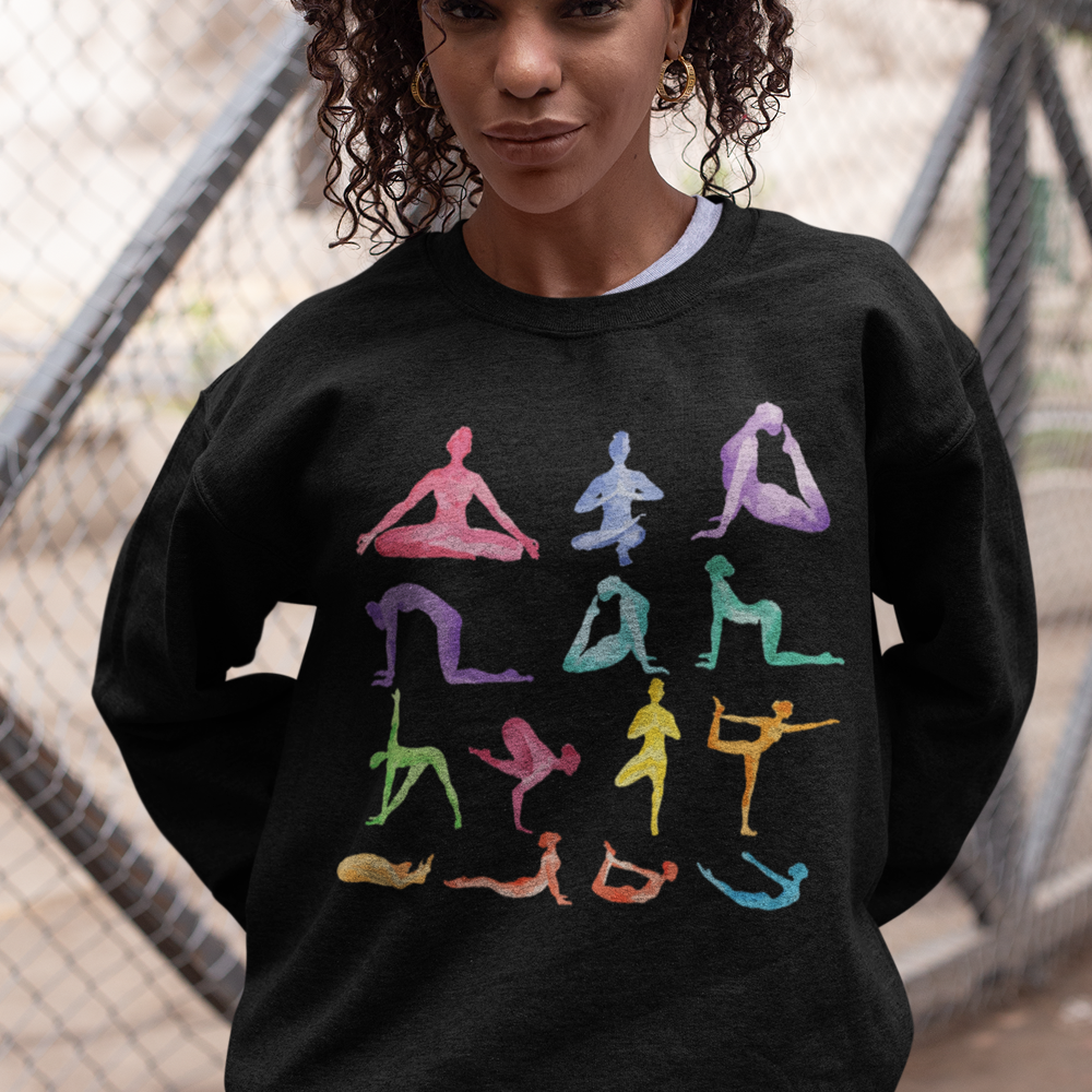 Yellow Pandora yoga theme crewneck sweatshirt with a comfortable fit and yoga-inspired design, perfect for casual wear.