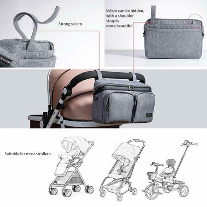 Maroon Chronos stroller organizer caddy bag with multiple compartments for parent accessories and baby essentials.