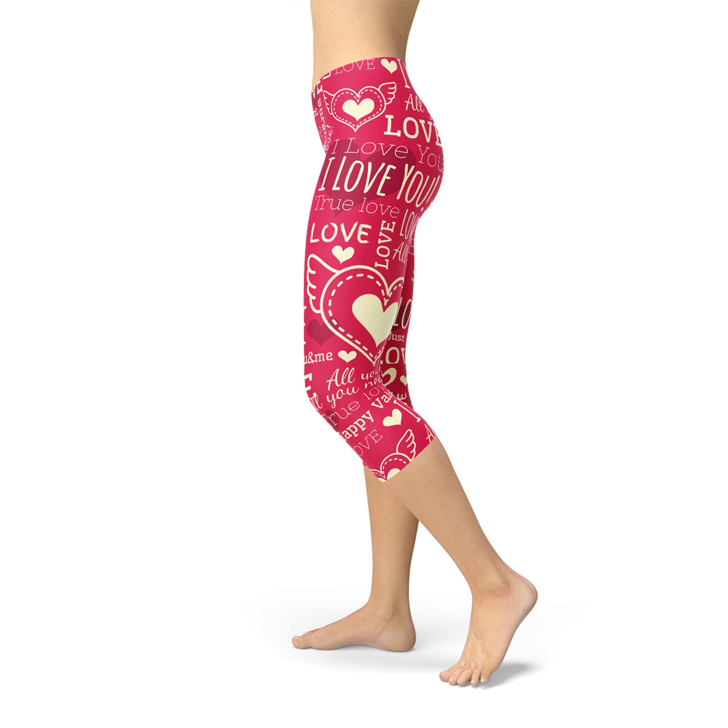 Maroon Sooty Love Hearts red Capri leggings with a playful heart pattern, form-fitting and stylish for casual wear.