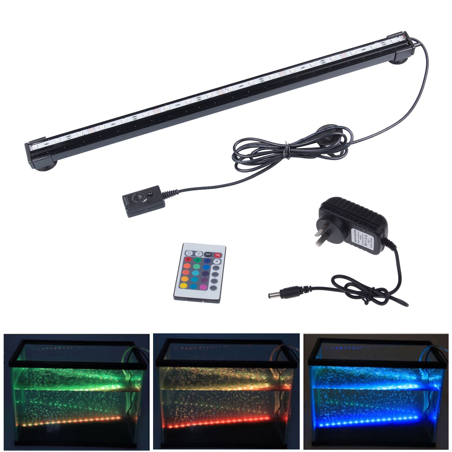 Teal Simba waterproof aquarium fish tank RGB lighting with colorful LED lights illuminating an underwater scene.