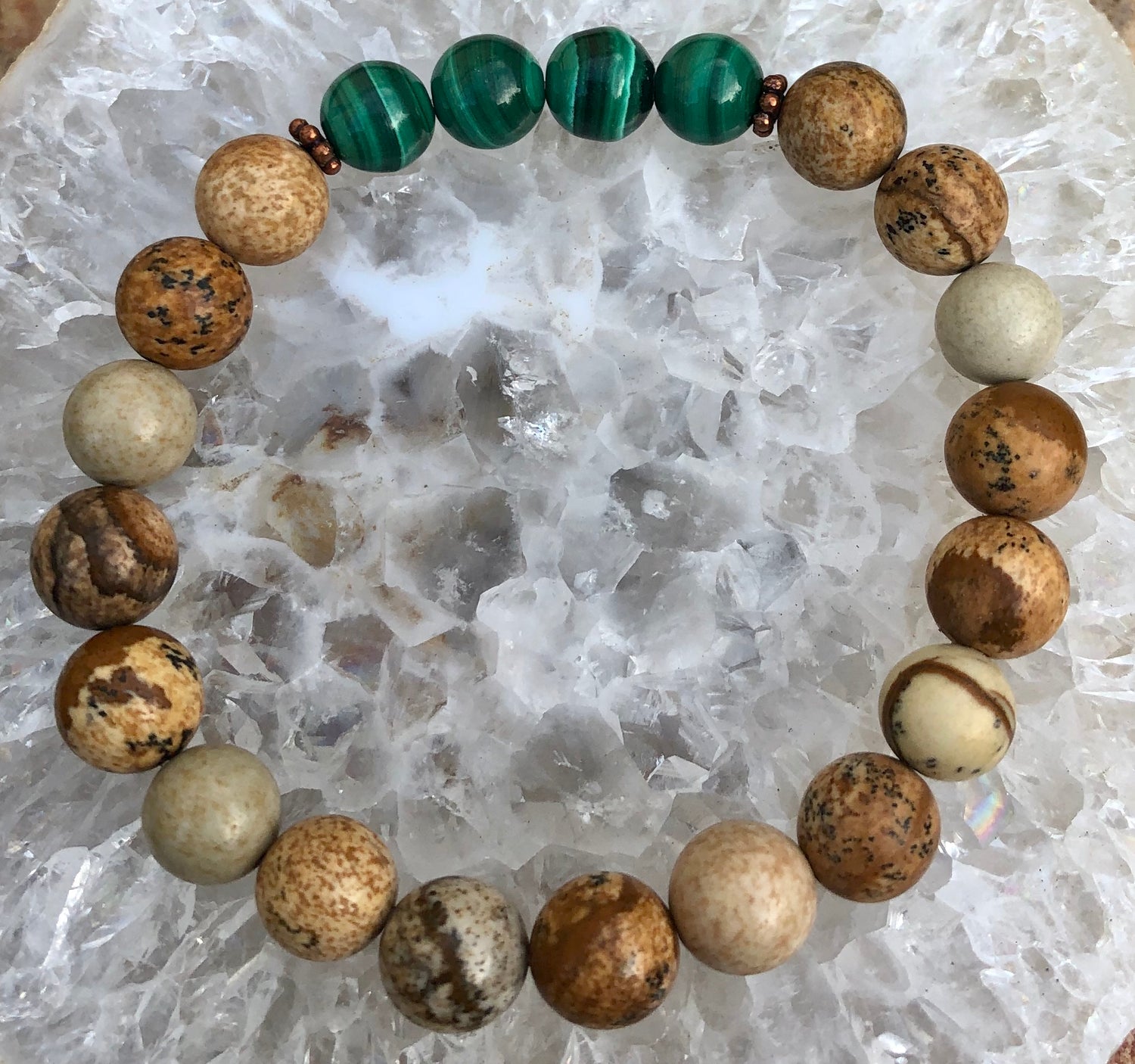 Genuine malachite and picture jasper stretch bracelet featuring vibrant green and earthy brown gemstones from Violet Chaos.