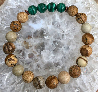 Genuine malachite and picture jasper stretch bracelet featuring vibrant green and earthy brown gemstones from Violet Chaos.