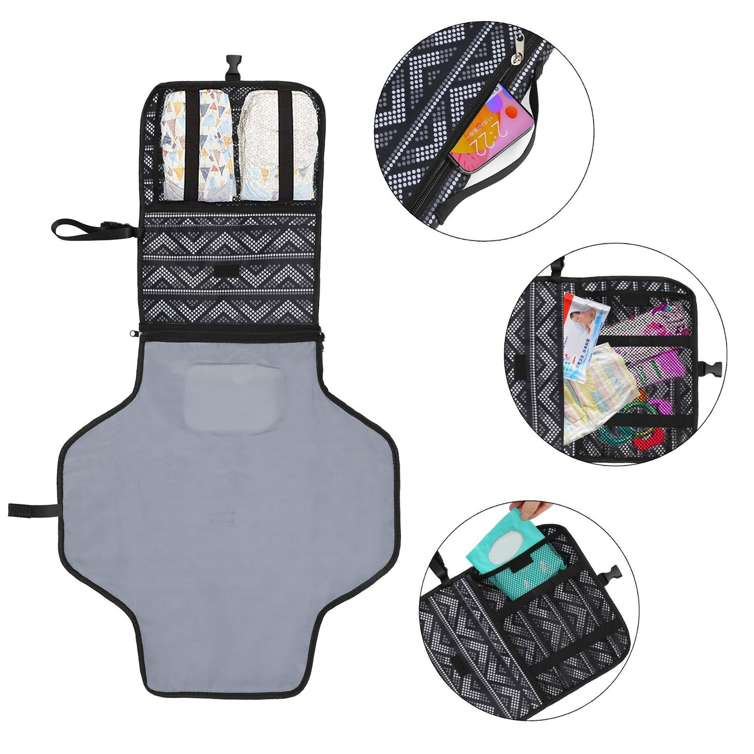 Foldable waterproof changing pad for newborns by Teal Simba, showing a soft, portable diaper cover mat with blue and white design.