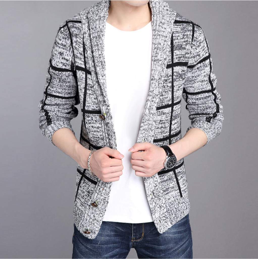 Mens gray shawl collar cardigan from Yellow Pandora, cozy sweater with a relaxed fit and button-up front.
