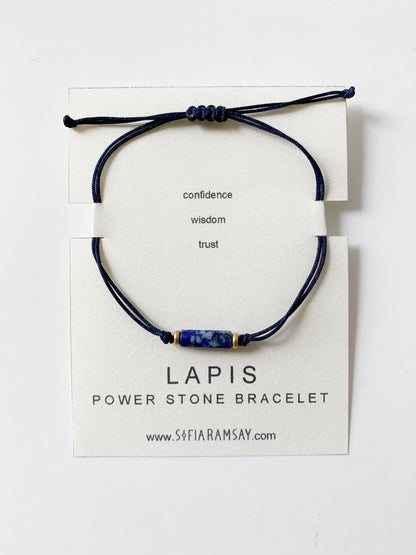 Mint Green Corydalis Lapis Power Stone bracelet with polished blue lapis beads and adjustable cord for jewelry and watch collection.