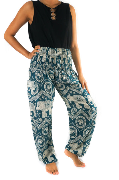 Tan Smokey teal elephant print boho yoga pants for women, featuring a relaxed fit and hippie-inspired design.