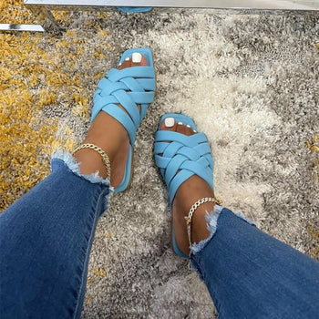 Summer leather flat beach slides for women by Coffee Jasper, casual outdoor slippers with open toe design and comfortable flat sole.