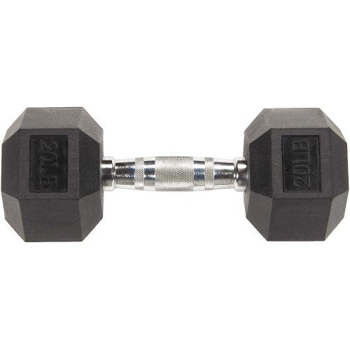 Teal Simba rubber-encased hex dumbbell, 20 lbs, with textured handle for grip, shown on a gym floor.