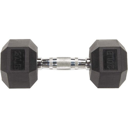 Teal Simba rubber-encased hex dumbbell, 20 lbs, with textured handle for grip, shown on a gym floor.