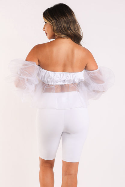 White Puce Juniper sexy organza sleeve detailed top and matching shorts 2-piece set, shown on a model.