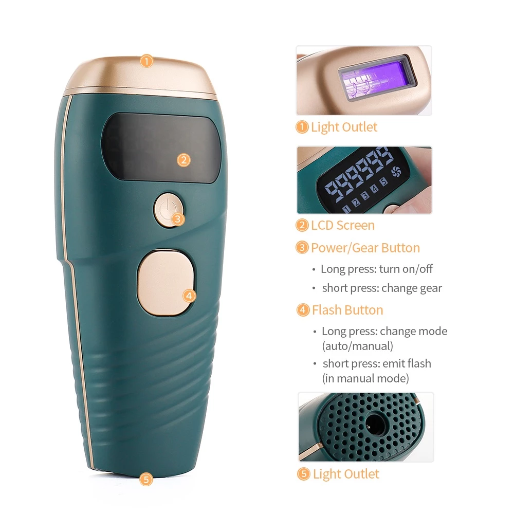 Teal Simba IPL Laser Epilator for hair removal, showing the sleek device with a digital display and epilation head in a bathroom setting.