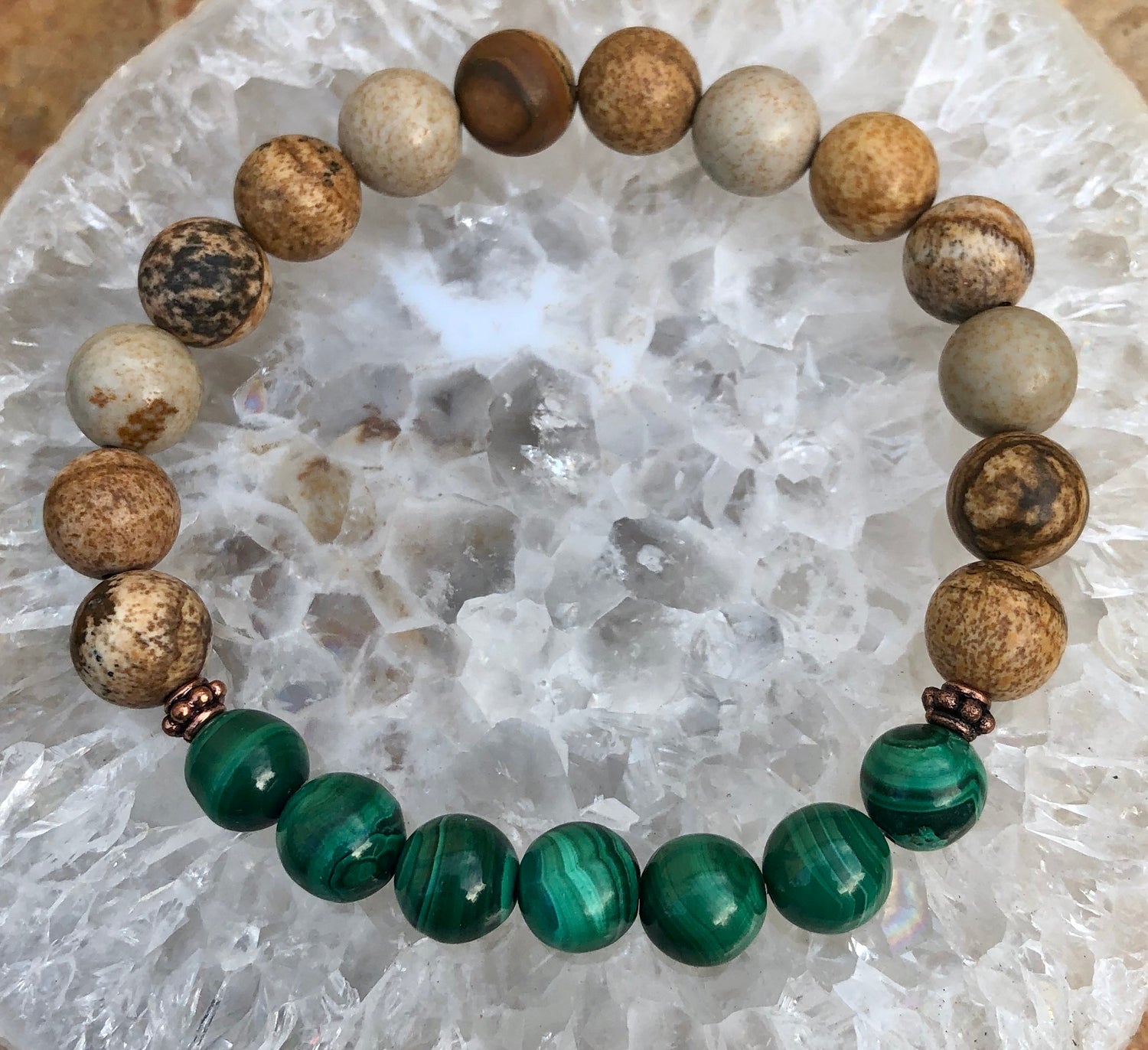 Malachite and picture jasper stretch bracelet featuring genuine stones, crafted by Violet Chaos, displayed on a neutral background.