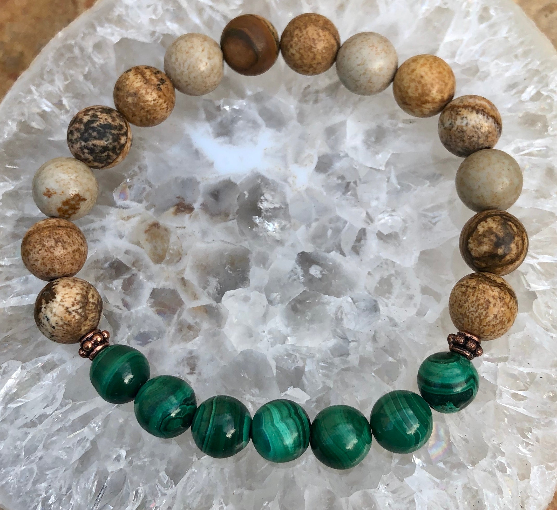 Malachite and picture jasper stretch bracelet featuring genuine stones, crafted by Violet Chaos, displayed on a neutral background.
