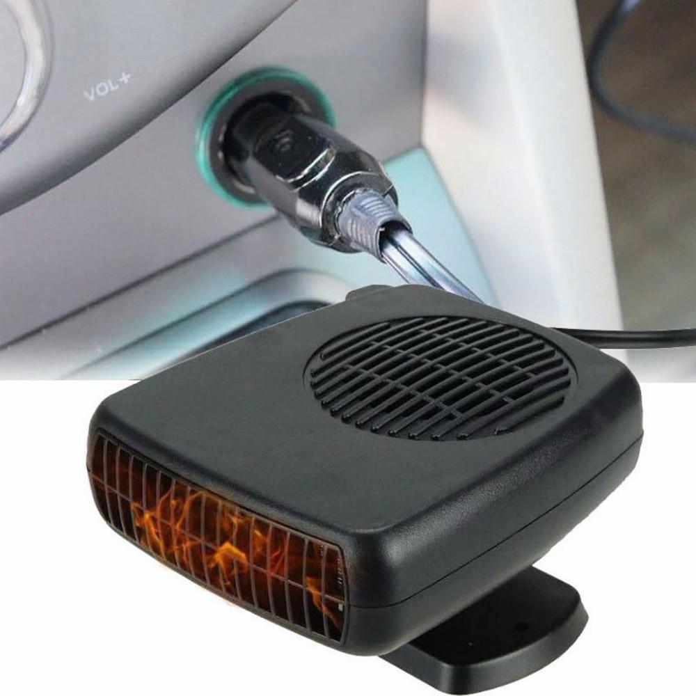 Yellow Pandora 200W 2-in-1 car heater and windshield defroster showing compact design with vents and control panel inside a vehicle.