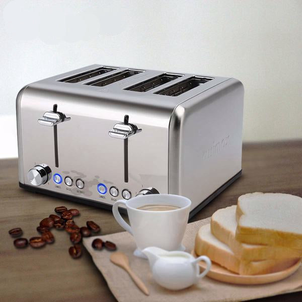 Stainless steel Teal Simba bakery toaster with extra-wide slots for bagels and bread in a kitchen setting
