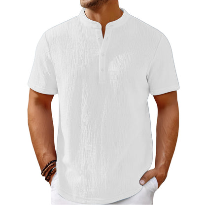 Carmine Juneberry striped cotton-linen Henley T-shirt with long sleeves and button neckline, stylish and lightweight for casual wear