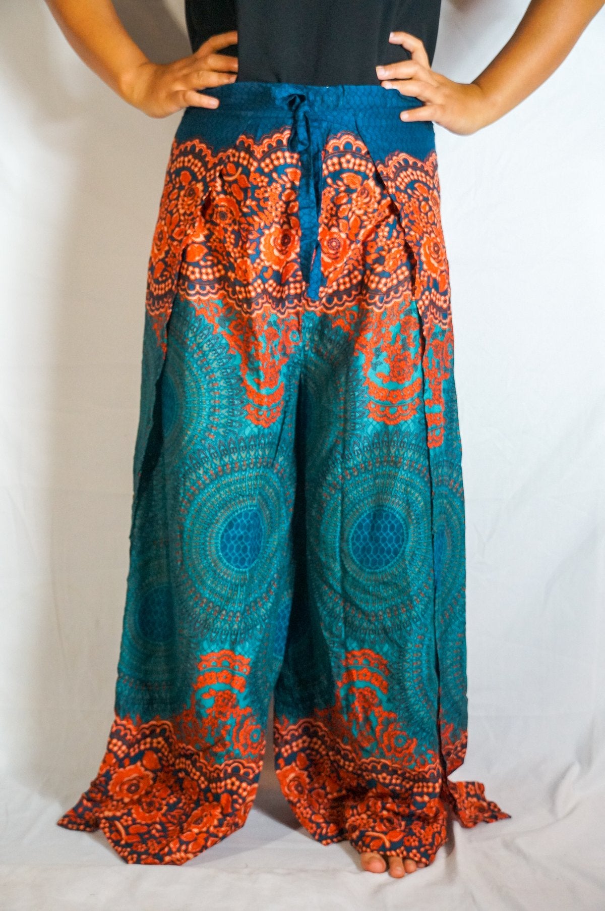 Tan Smokey teal palazzo wrap pants with harem and boho style, flowy fabric, and relaxed fit, perfect for a hippie-inspired look.
