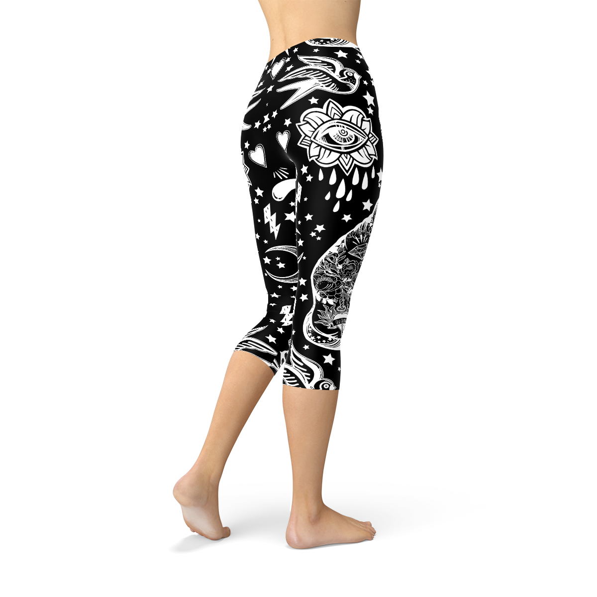 Black magic cat print Capri leggings for women by Maroon Sooty, featuring a bold black and magical feline design.