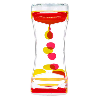 Colorful double color sand hourglass timer from Teal Simba, used as home decor and anxiety relief with flowing liquid and vibrant colors.
