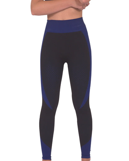 Lazurite Trois seamless black and navy activewear leggings with a snug fit and smooth fabric, shown on a model.