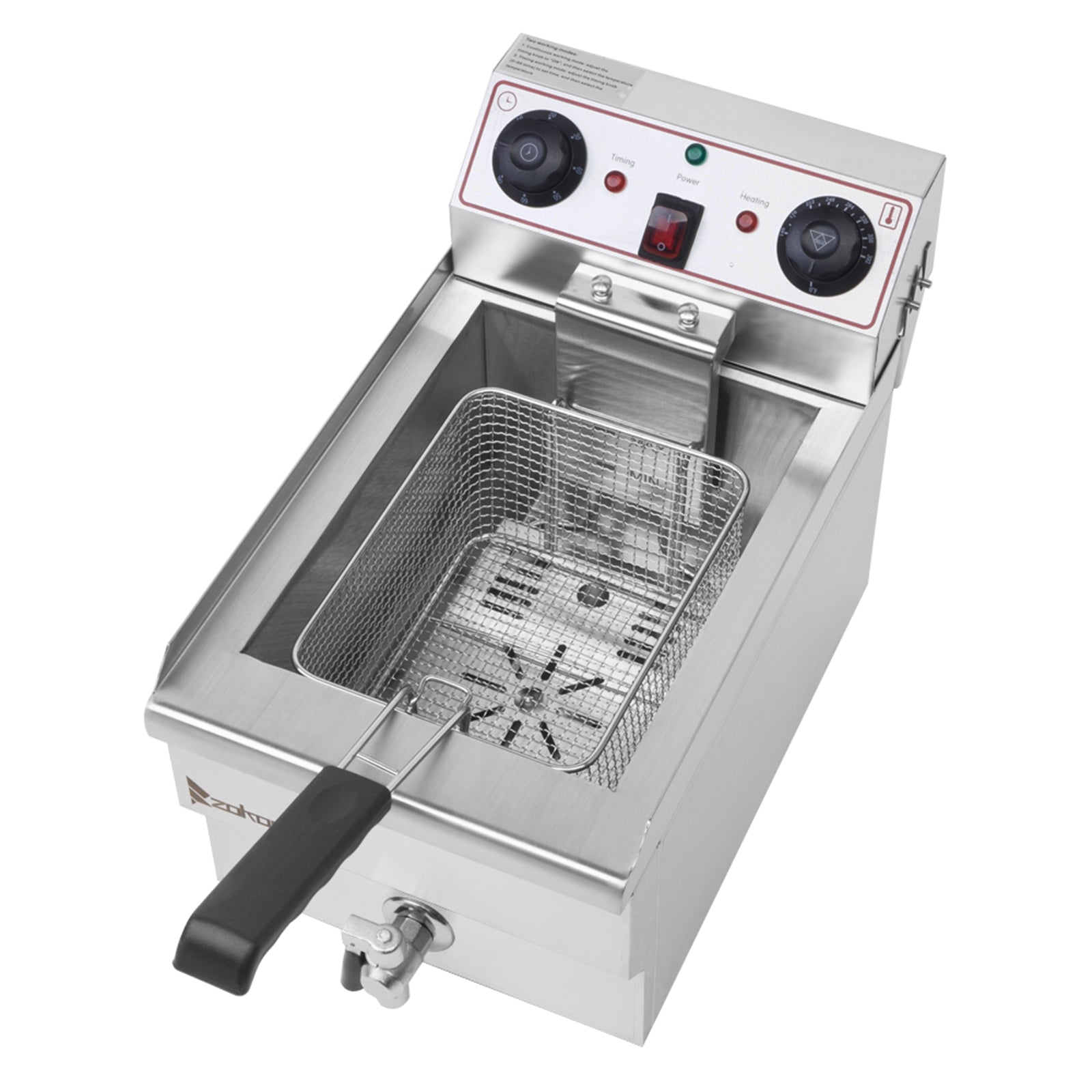 Lilac Milo 1.7KW stainless steel deep fryer with 12.5QT tank, faucet, and single tank kitchen appliance for frying.