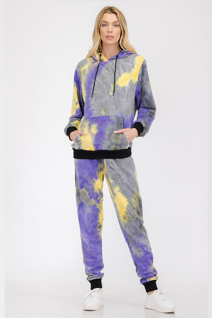Women’s cotton tie-dye lounge wear sweat set by Lime Milo, featuring a relaxed fit and vibrant colorful patterns.