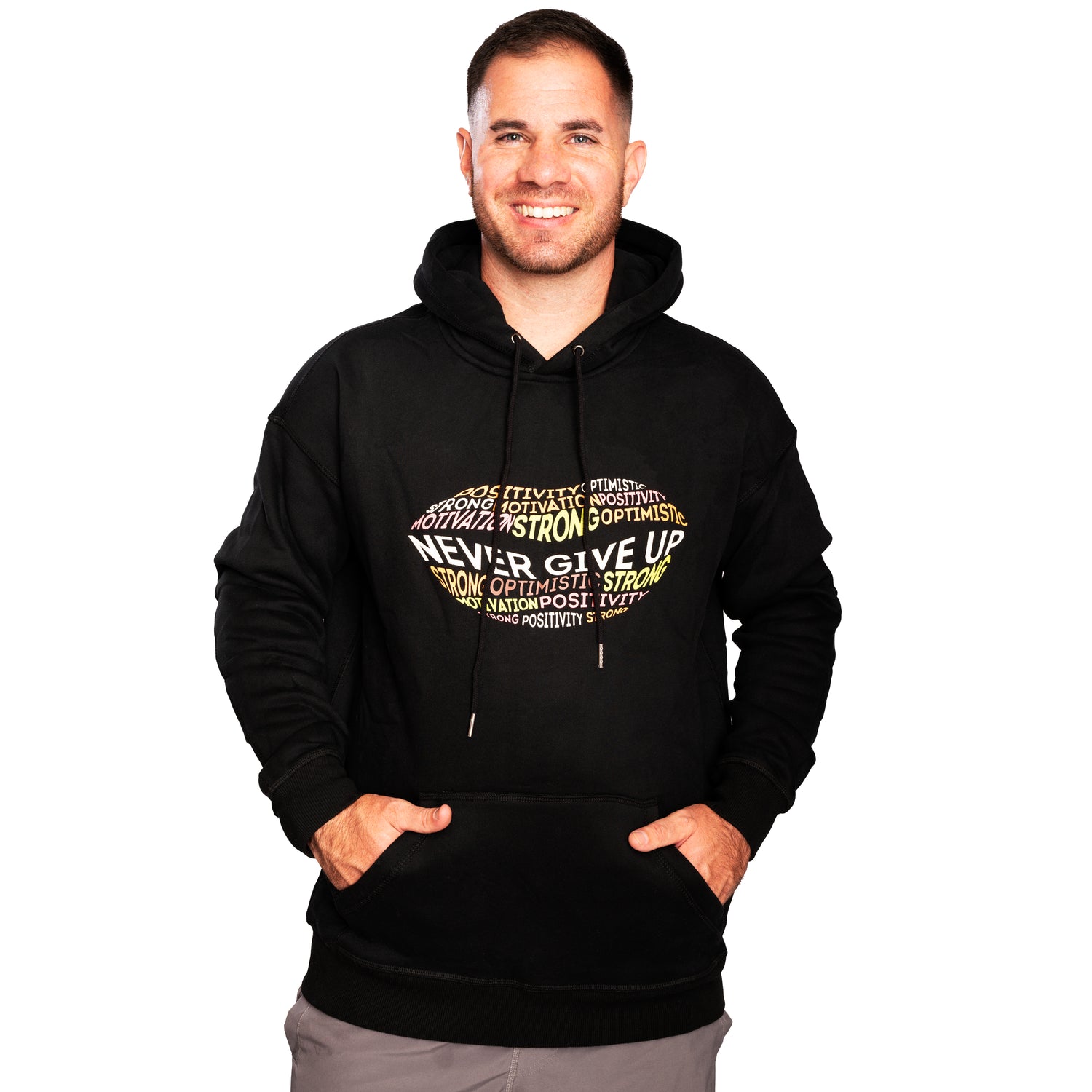 Orange Ash motivational hoodie with "Never Give Up" slogan, casual sweatshirt perfect for inspiring everyday wear.