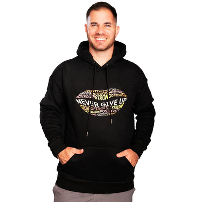 Orange Ash motivational hoodie with "Never Give Up" slogan, casual sweatshirt perfect for inspiring everyday wear.