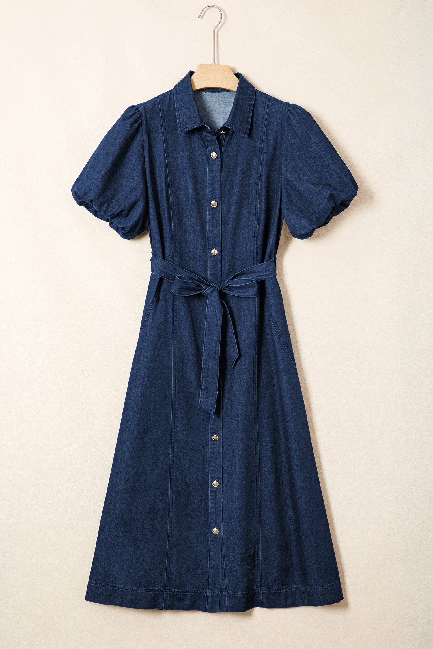 Byzantium Bay solid denim midi dress with bubble sleeves, collared neckline, and button details for women&