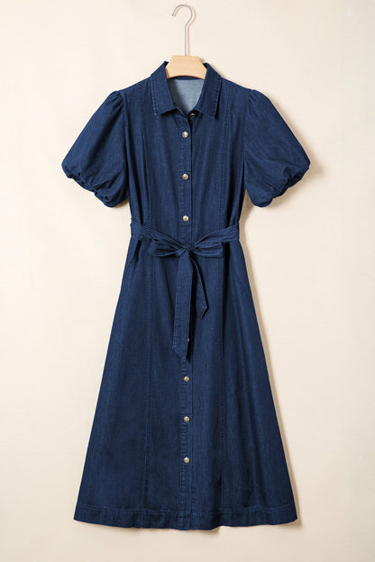 Byzantium Bay solid denim midi dress with bubble sleeves, collared neckline, and button details for women&
