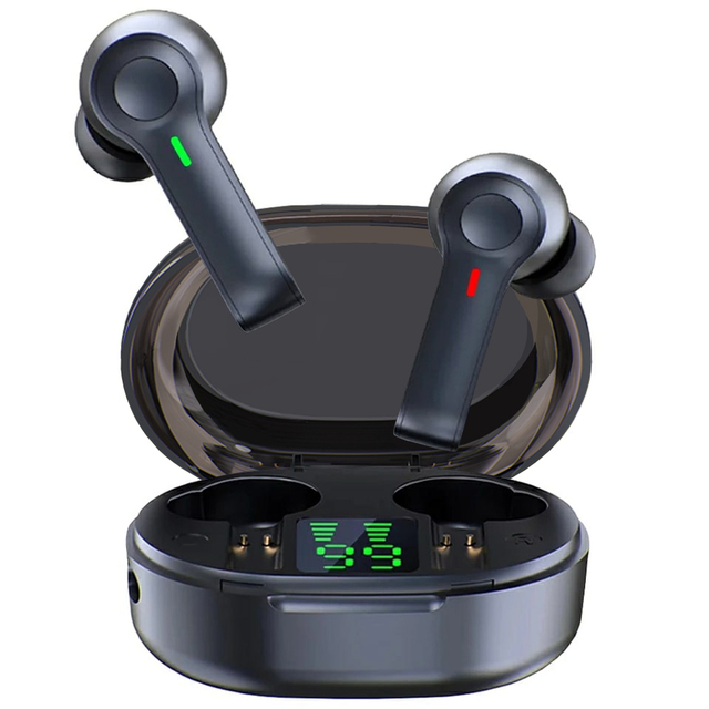 Teal Simba LED display wireless earbuds with Bluetooth TWS 5.0, compact black earphones with LED screen in close-up view.