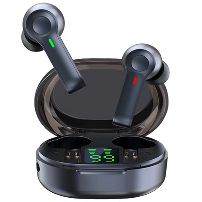 Teal Simba LED display wireless earbuds with Bluetooth TWS 5.0, compact black earphones with LED screen in close-up view.