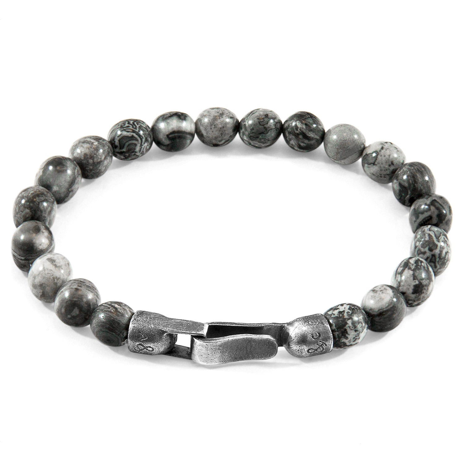 Grey Jasper Nachi silver and stone beaded bracelet with silver clasp, featuring polished grey jasper beads and intricate silver accents.