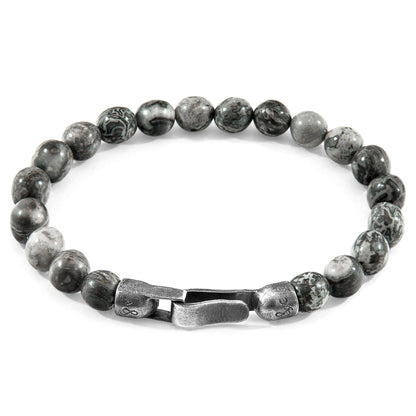 Grey Jasper Nachi silver and stone beaded bracelet with silver clasp, featuring polished grey jasper beads and intricate silver accents.