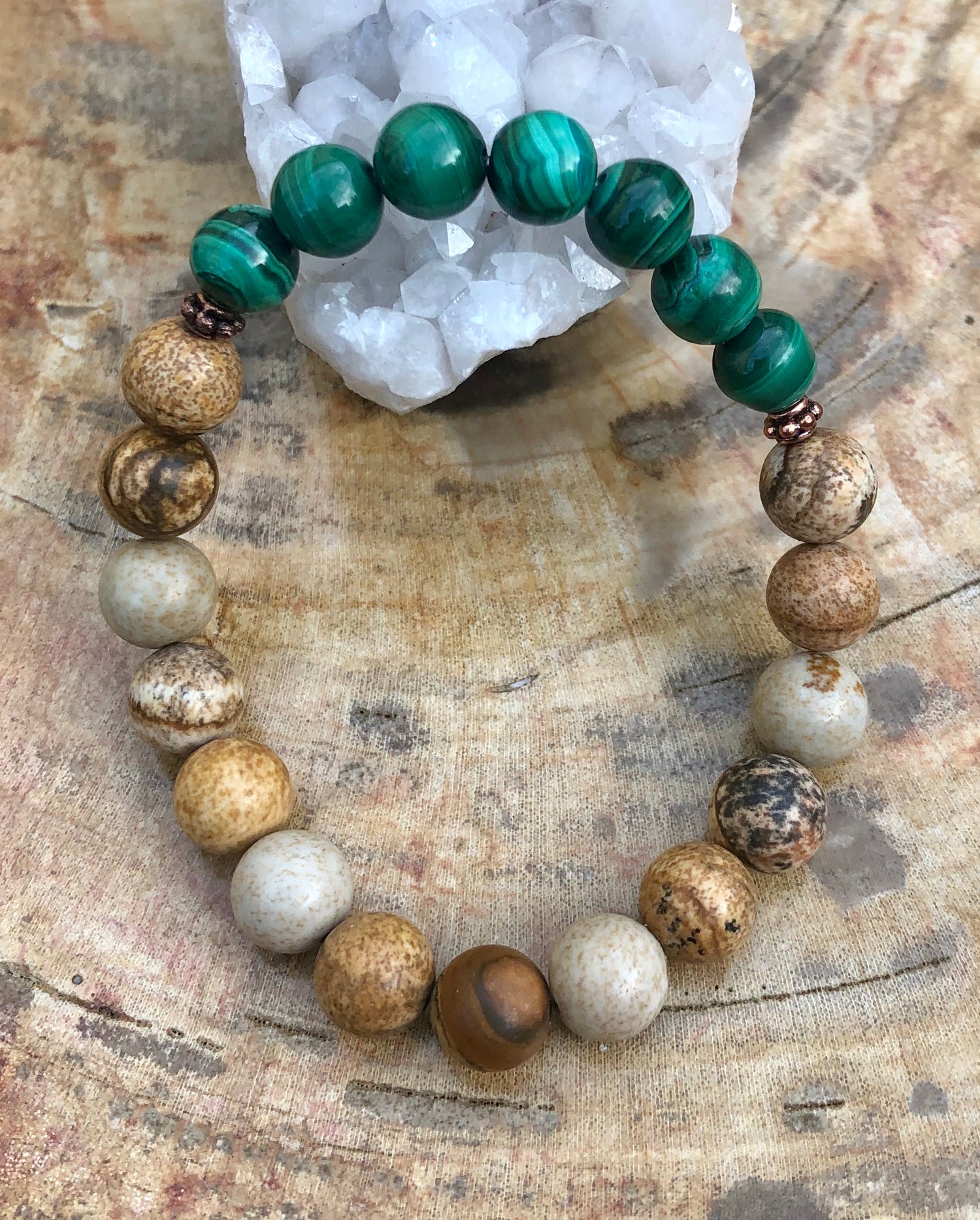 Violet Chaos Malachite and Picture Jasper stretch bracelet with genuine stone beads on an elastic band.